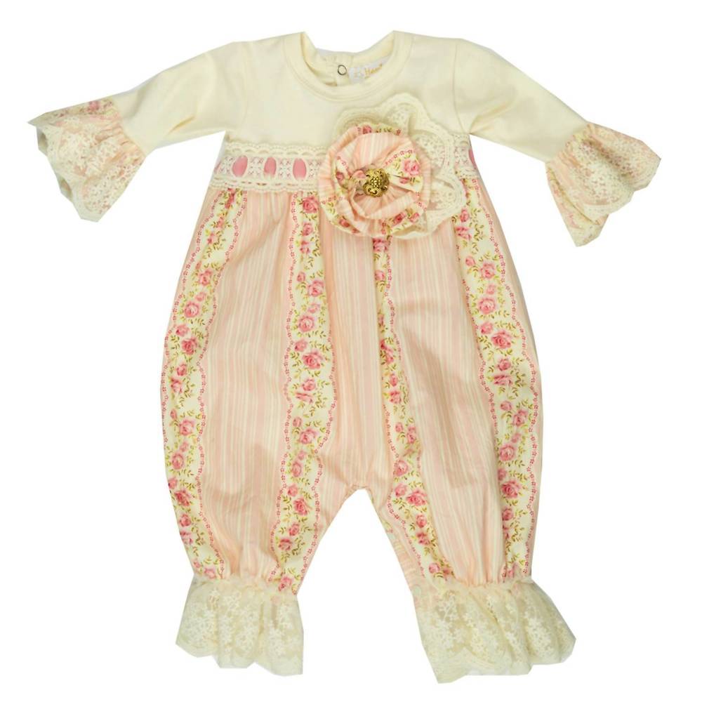 NEW HAUTE BABY baby girls granny's favorite romper in peach/ivory